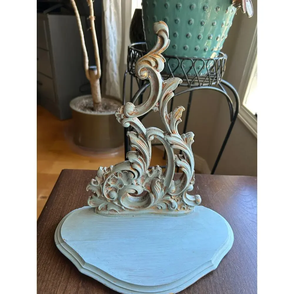 2 Vintage Syroco wood wall shelves shabby chic Regency gold light blue paint 12”